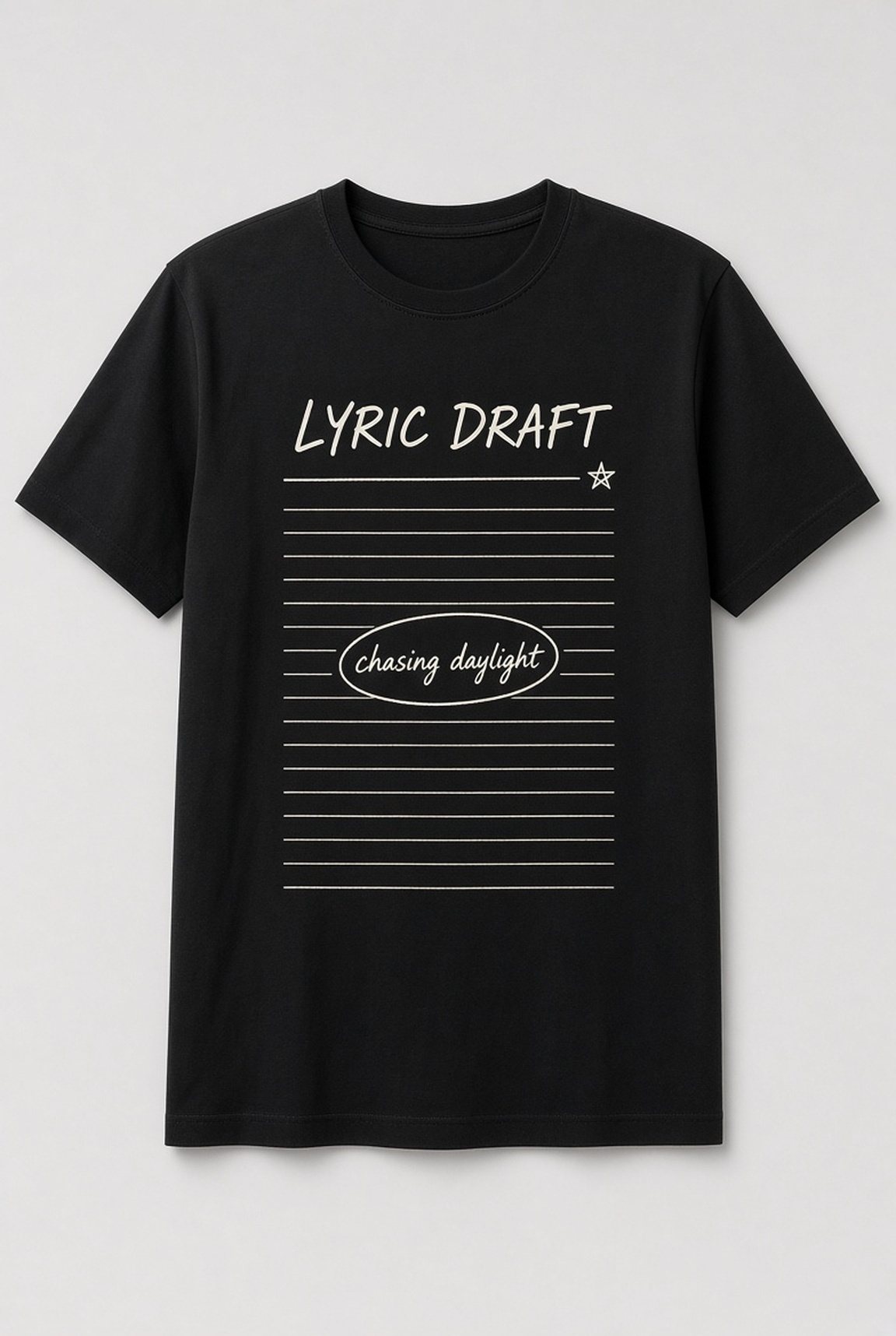 Lyric Draft Songwriter Notebook unisex t-shirt in black with lined notebook page with a circled lyric