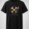 Needle Drop Vinyl Record unisex t-shirt in black with vinyl record with orange label and gold tonearm