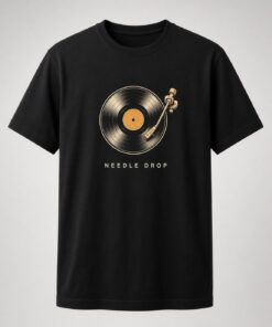 Needle Drop Vinyl Record unisex t-shirt in black with vinyl record with orange label and gold tonearm