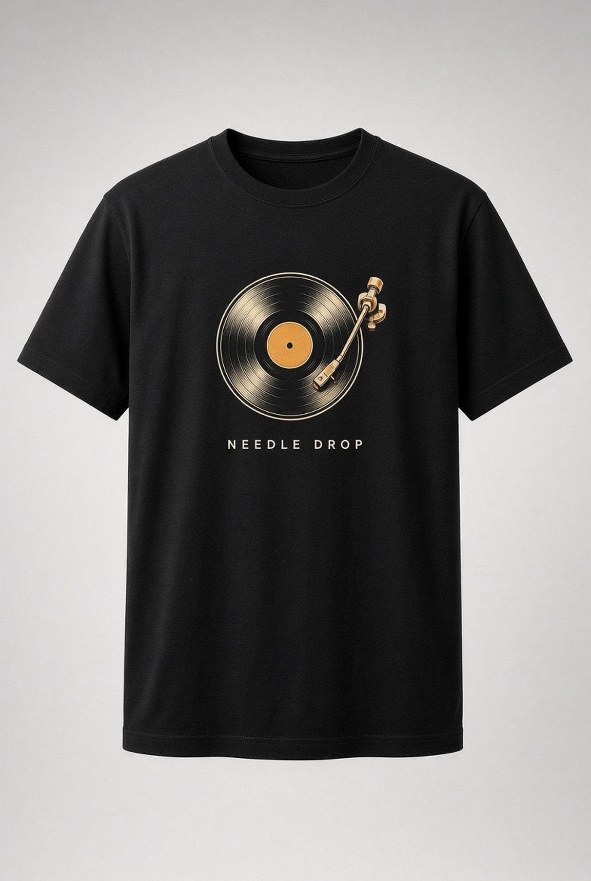 Needle Drop Vinyl Record unisex t-shirt in black with vinyl record with orange label and gold tonearm