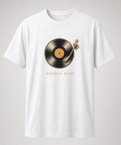 Needle Drop Vinyl Record unisex t-shirt in white with vinyl record with orange label and gold tonearm