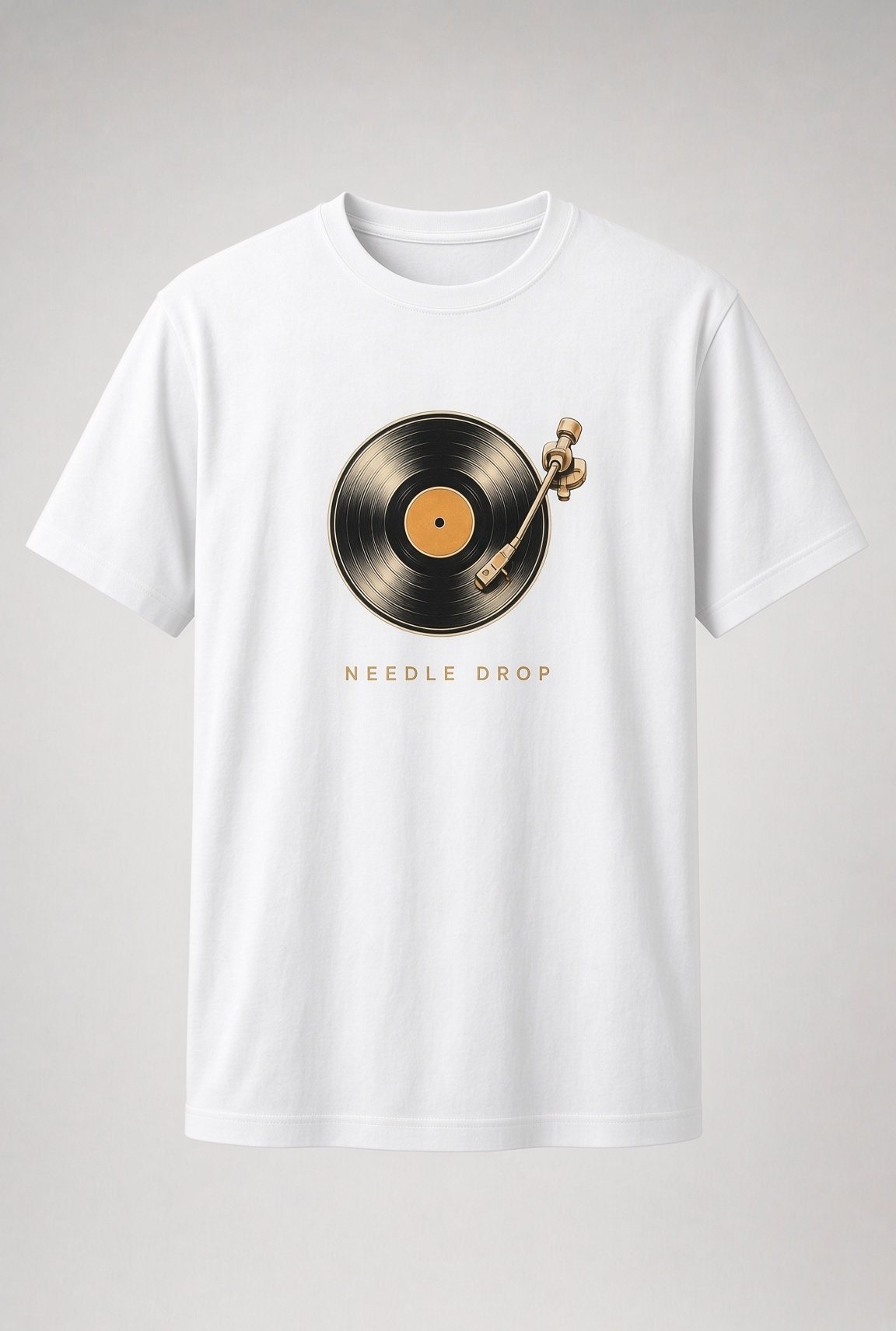 Needle Drop Vinyl Record unisex t-shirt in white with vinyl record with orange label and gold tonearm