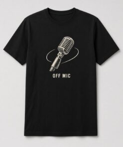 Off Mic Vintage Microphone unisex t-shirt in black with tilted vintage microphone with an orbit line
