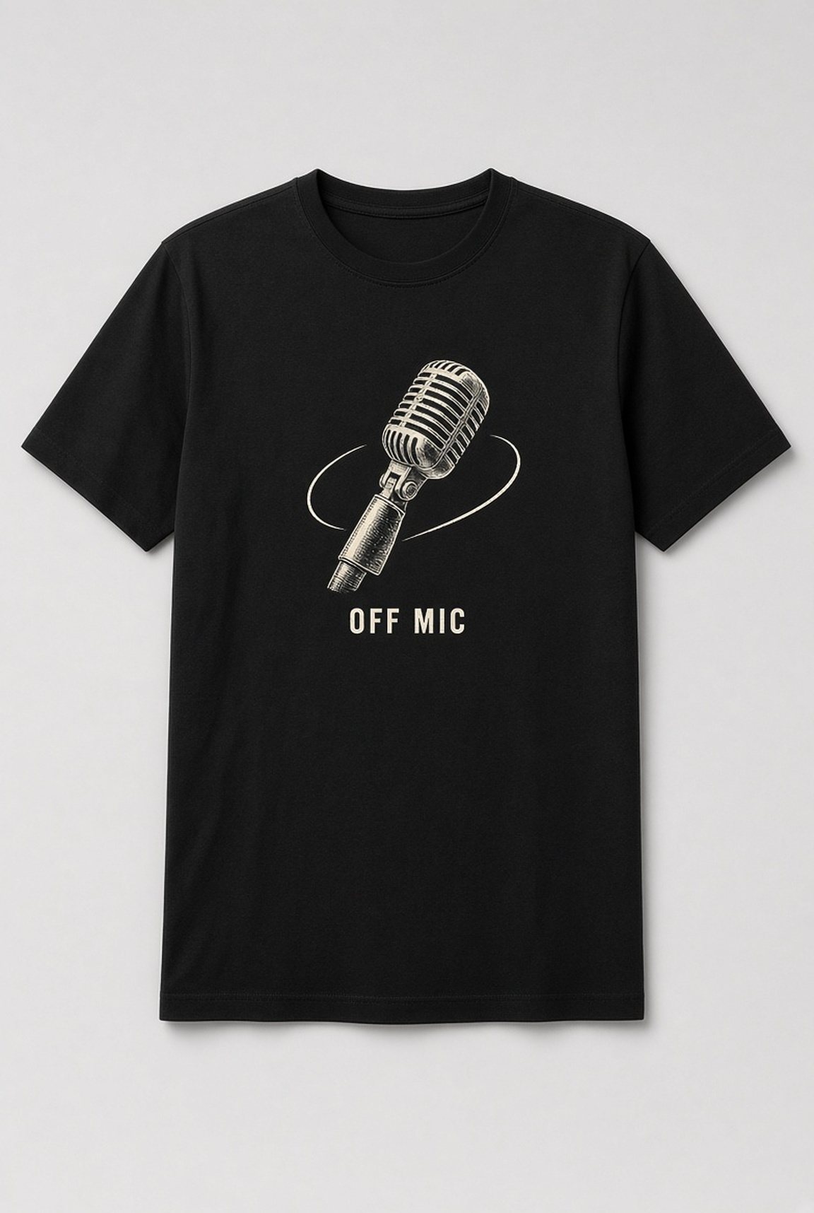 Off Mic Vintage Microphone unisex t-shirt in black with tilted vintage microphone with an orbit line
