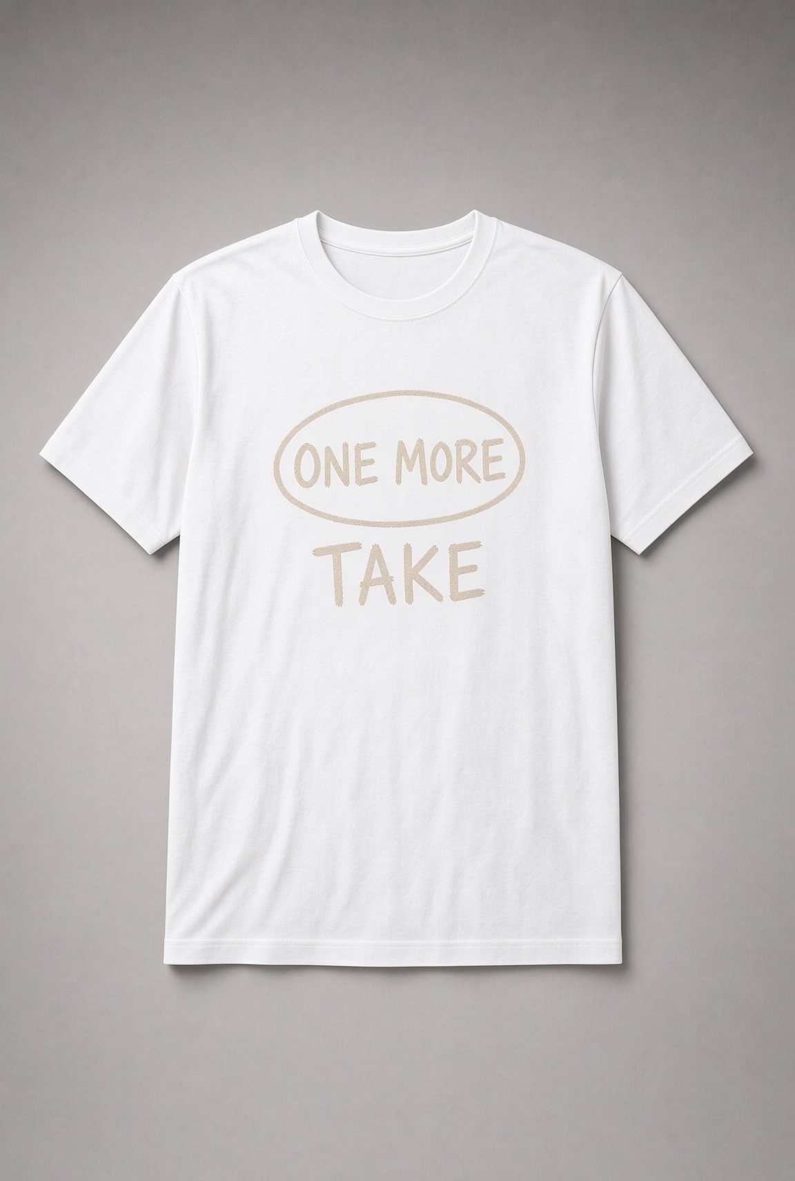 One More Take Recording Studio unisex t-shirt in white with hand-drawn oval and distressed lettering