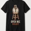 Open Mic Night Vintage Microphone unisex t-shirt in black with vintage microphone on a wooden stool in a spotlight