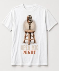 Open Mic Night Vintage Microphone unisex t-shirt in white with vintage microphone on a wooden stool in a spotlight